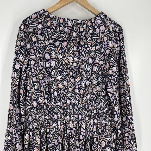 J Crew Dress Size Large Navy Purple Smocked Waist Floral Fields Mini V Neck - Picture 8 of 11